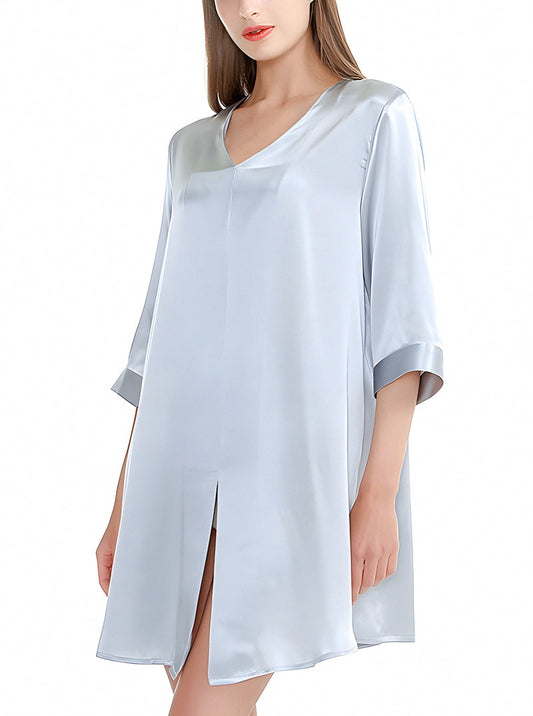 Silk Multicolor Summer Female V-Neck Sexy Casual Simple Solid Color Printed Mid-Sleeve Nightdress