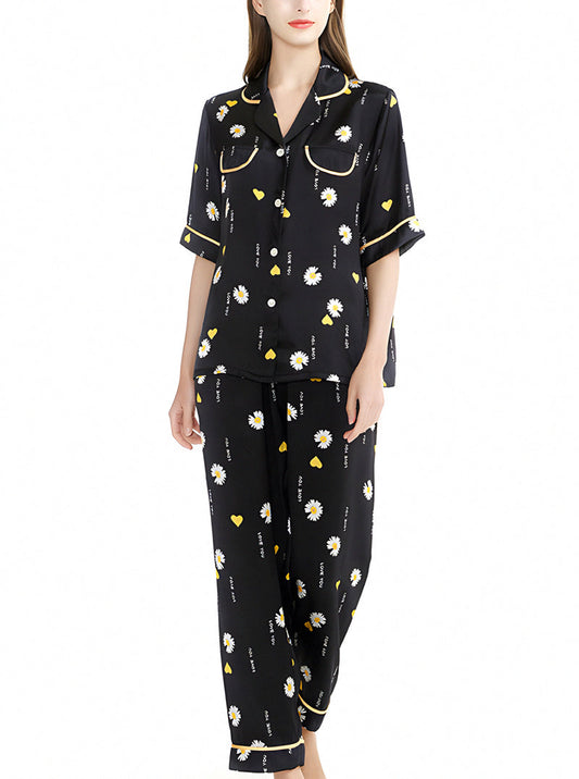 Summer Black Silk Female Contrast Color Edging Small Lapel Plant Flower Pattern Print Loose And Comfortable Short-Sleeved Pajamas Two-Piece Set