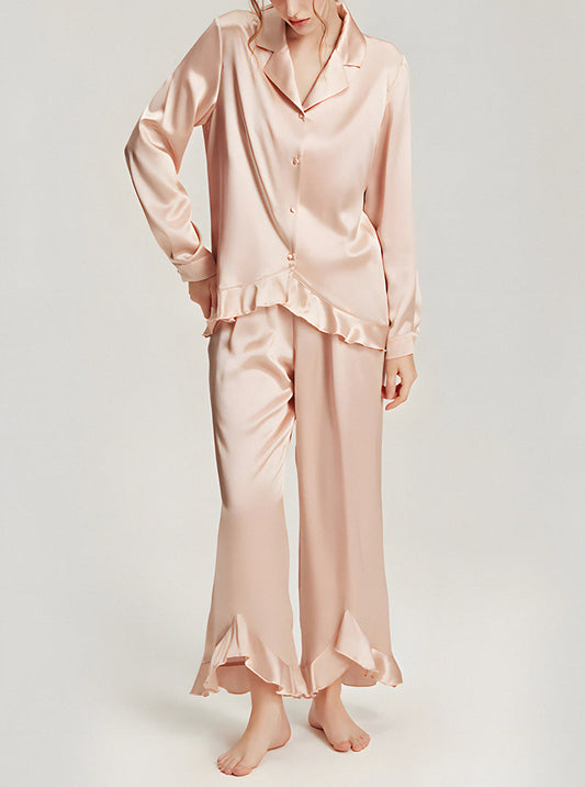 Solid Light Color Female Silk Autumn Shirt Collar Comfortable Breathable Ruffles Simple Basic Long Sleeve Pants Two Piece Pajamas