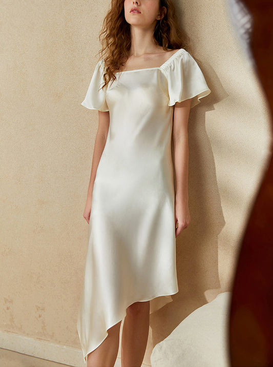 19 Momme Silk Female Nightdress Can Be Outdoors Puff Short Sleeve Off Shoulder Dress