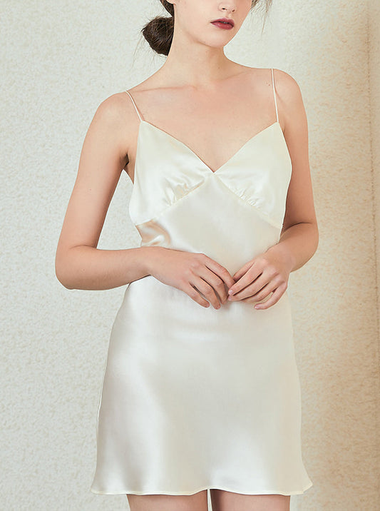 Summer Silk Female V-Neck Sexy Big Backless Elegant Charming Loose A-Line Goose Soft Yellow Sling Nightdress