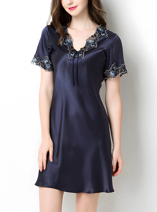 Silk Summer Female Lace Stitching V-Neck Sexy High-End Luxury Casual Solid Color Short-Sleeved Nightdress