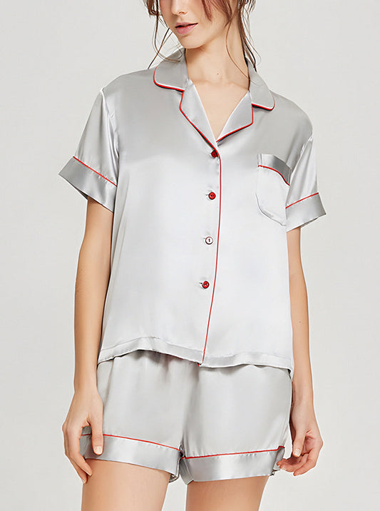 19 Momme Silk Summer Female Small Lapel Simple Fashion Versatile Multicolor Short Sleeve Button Pajamas Two-Piece Set