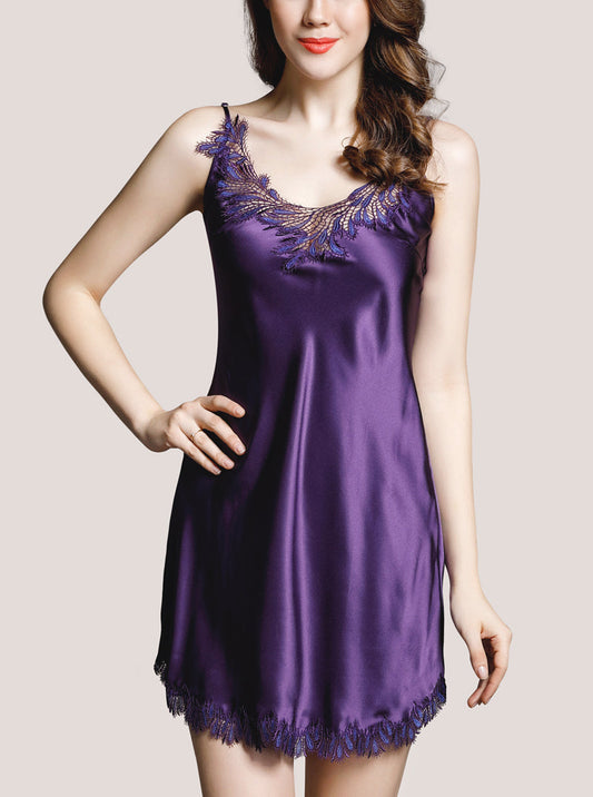 Hollow Lace Female Summer Silk V-Neck Sexy Slim Fit Elegant Solid Color Sling Nightdress