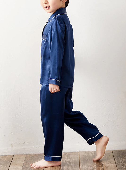 Autumn 19 Momme Silk Boys Small Lapel Casual Comfortable Soft Long-Sleeved Trousers Navy Blue Children's Pajamas Two-Piece Set