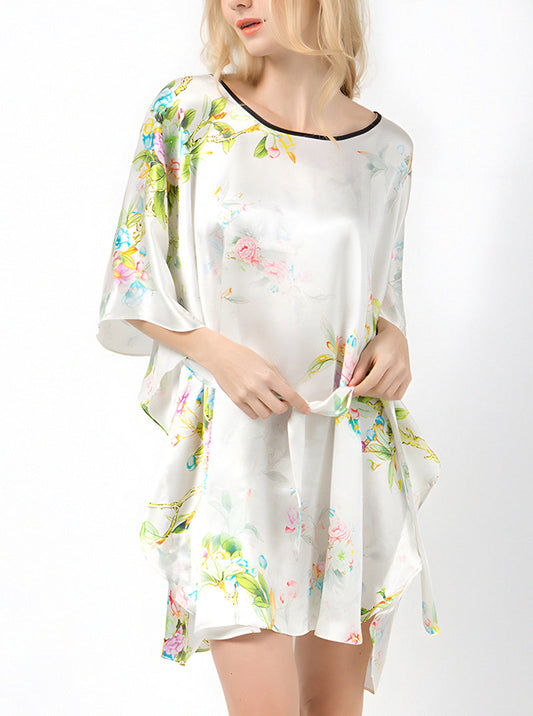 Female Summer Silk Round Neck Mid Sleeve Loose Belt Luxurious Flower Print Nightdress