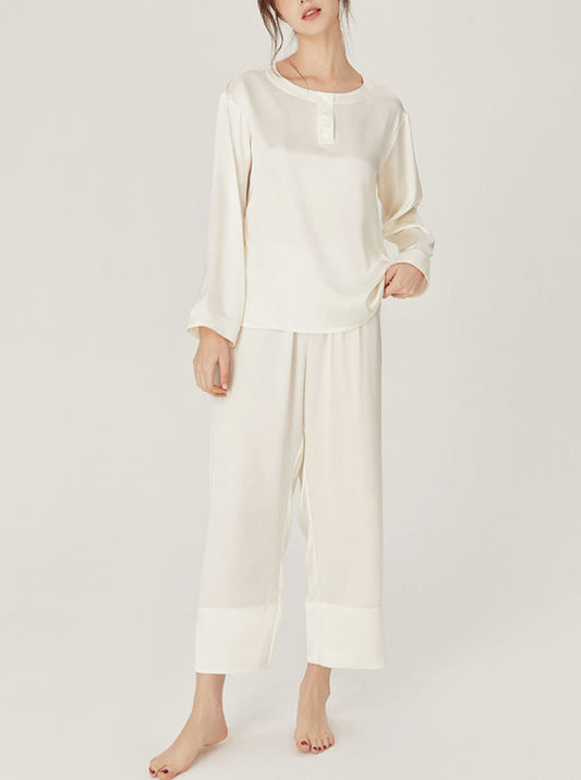 Silk Spring Summer Simplicity Round Collar Matching Pajamas Small Split Hem Long Sleeve Two-Piece Set Female