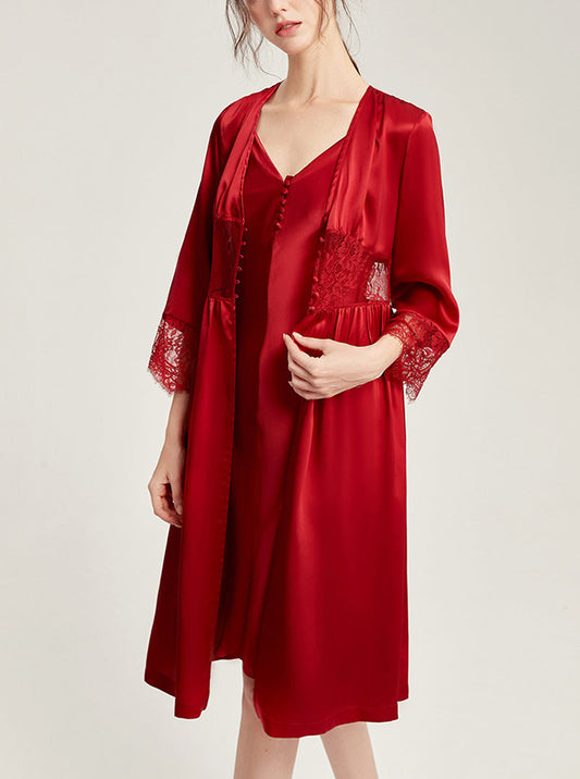 Silk Spring And Autumn Female V-Neck Waist Lace Long-Sleeved Sexy High-End Retro Elegant French Solid Color Pajamas