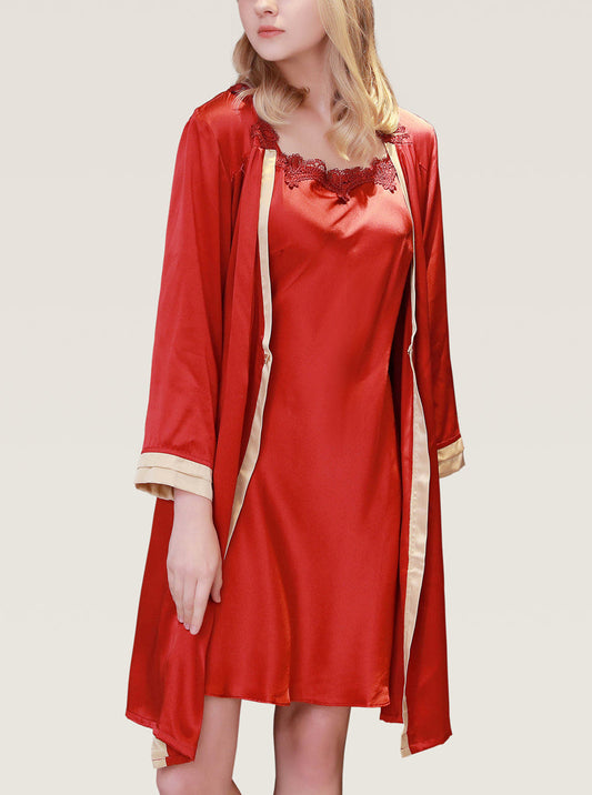 Silk Spring And Summer Sexy V-Neck Contrast Color Female Solid Color A-Line Version Slim Suspender Nightdress Long-Sleeved Night-Robe