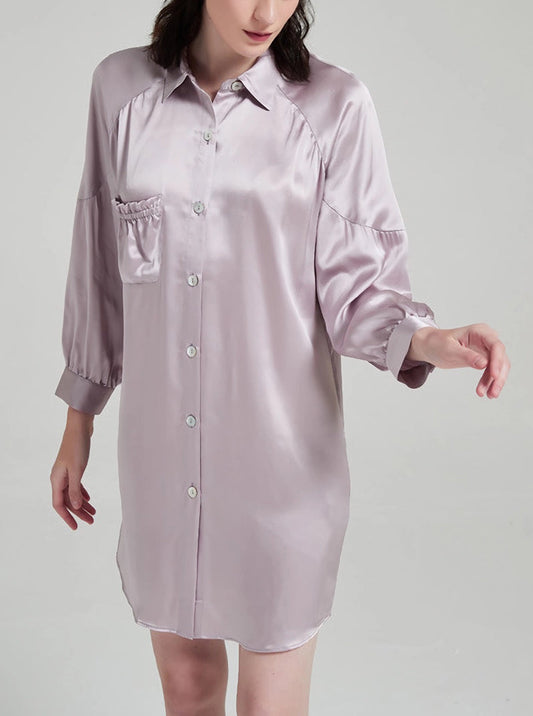 19 Momme Silk Female Summer Taro Purple Suit Collar Luxury Noble Elegant Long Sleeve Pleated Shirt Nightdress