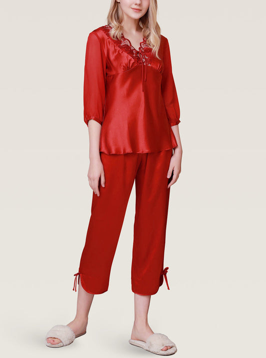 Mid-Sleeve Silk Spring And Autumn Female V-Neck Sexy Beautiful And Comfortable Lace Solid Color Pajamas Two-Piece Set