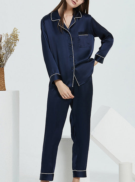 Silk Spring And Autumn Female Suit Collar Simple Fashion Classic Long Sleeve Pants Pajamas Two-Piece Set
