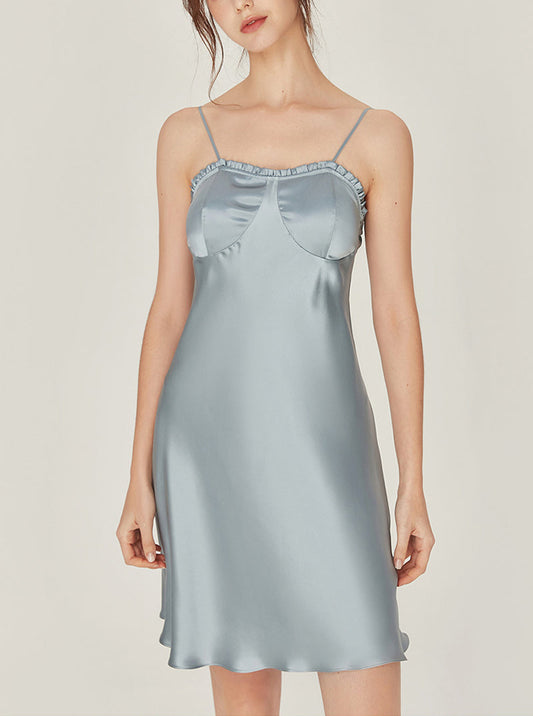 Silk Summer Female Sexy Simplicity Ruffle Edge Collar Slim Sling Short Nightdress With Chest Pads