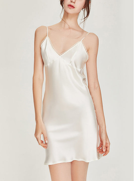 Pure Color Thin Silk Summer Female Sexy Small Lace Edge V Collar Sling Slim Short Nightdress