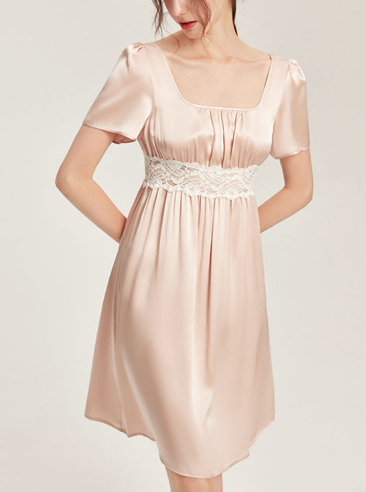 Summer Silk Court Style Boat Collar Waist Hollow Lace Loose Hem Short Sleeve Nightdress Female