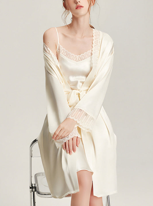 Lace High-End Female Silk Autumn V-Neck Sexy Waist Beautiful Suspender Nightdress Long-Sleeved Nightgown Two-Piece Set