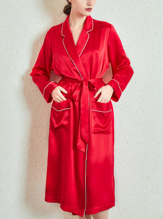 Solid Color 19 Momme Silk Spring And Autumn Female Small Lapel Slim Casual Intellectual Belt Long-Sleeved Nightgown