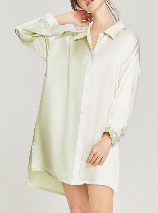 White Green Splicing Slit Hem Loose Sexy Boyfriend Style Long Sleeve Silk Summer Shirt Nightdress Female