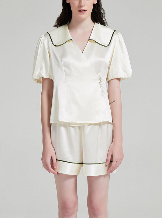 19 Momme Summer Female V-Neck Puff Sleeves Cute Sweet Casual White Short-Sleeved Shorts Two-Piece Set