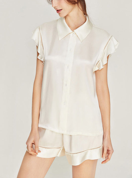 Silk Matching Pajamas Female Summer Simplicity Shirt Collar Lapel Lace Hollow Splicing Ruffle Small Flying Sleeve Top Shorts Two-Piece Set