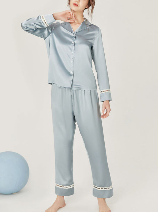 Spring Autumn Female Advanced Sense Silk Matching Pajamas Lapel Cute Hollow Lace Long Sleeve Two-Piece Set