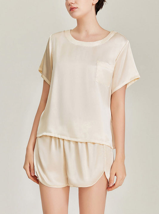 Silk Matching Pajamas Summer Small Pocket Decoration Round Collar Short Sleeve T-shirt Shorts Comfortable Two-Piece Set Female