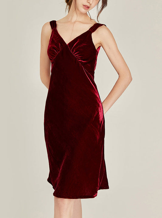 Spring Autumn Female Silk Velvet Sexy Elegant V Collar Backless Split Hem Wide Sling Nightdress