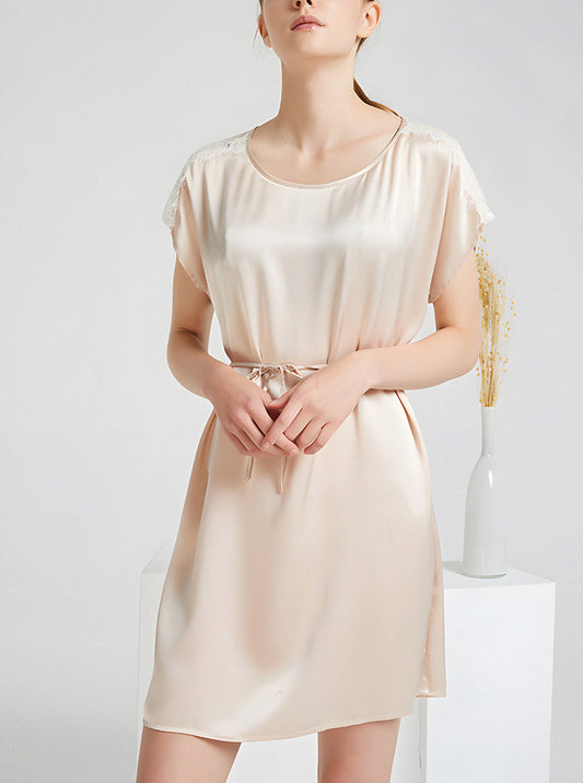 19 Momme Silk Female Spring And Summer Round Neck Lace Sexy And Elegant Adjustable Waist Light Apricot Short-Sleeved Nightdress