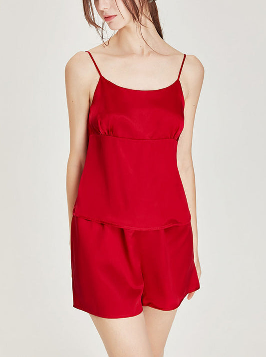 Simplicity Splicing Design Matching Pajamas Pure Color Silk Female Summer Round Collar Camisole Shorts Two-Piece Set