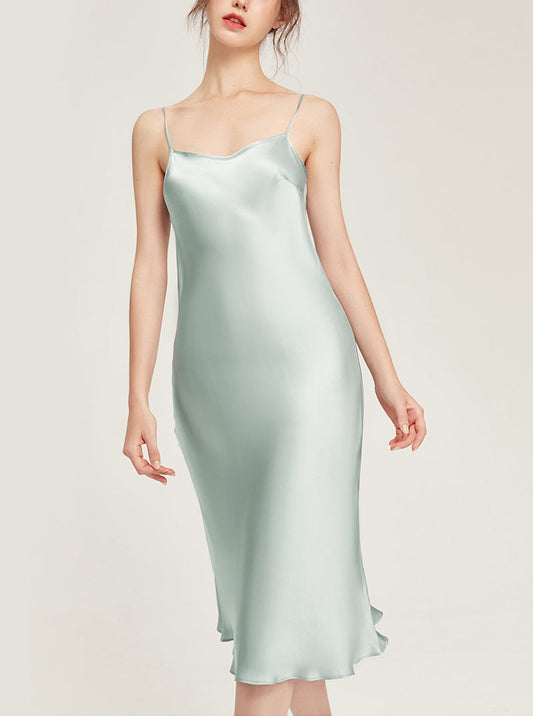 19 Momme Silk Summer Female Evening Dress Elegant Simplicity Pure Color Sling Long Nightdress