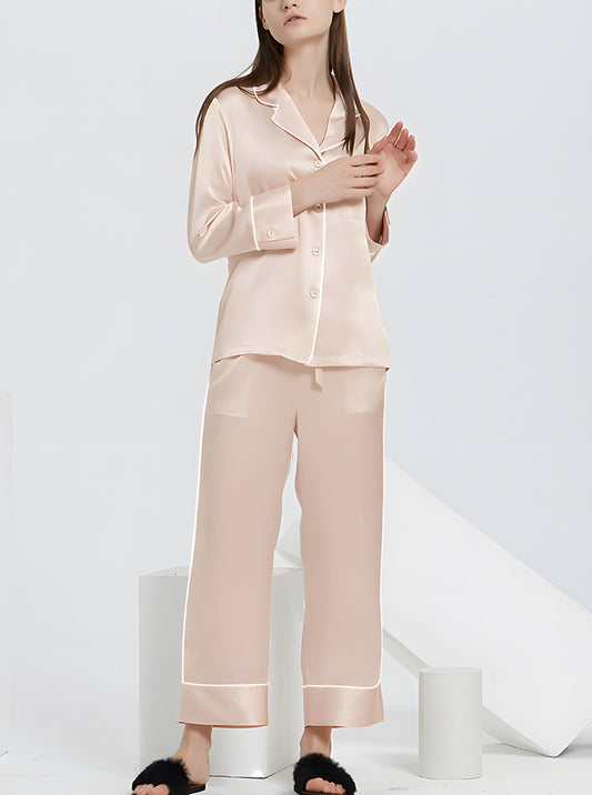 Female Autumn And Winter 22 Momme Silk Small Lapel Classic Casual Loose Solid Color Long-Sleeved Trousers Two-Piece Pajamas