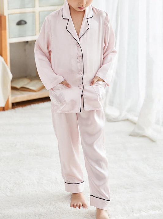 Girls Spring Silk Small Lapel Cute And Comfortable Long-Sleeved Trousers Children's Pajamas Two-Piece Set