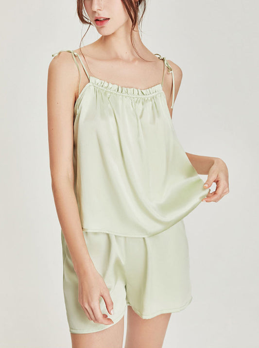 Summer Female Cute Candy Color Silk Matching Pajamas Ruffle Edge Collar Camisole Shorts Two-Piece Set