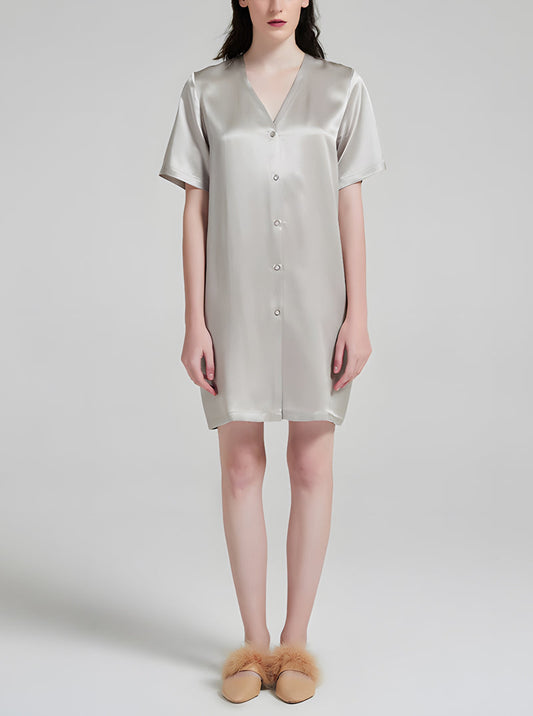 Senior Grey 19 Momme Silk Female V-Neck Summer Loose Casual Comfortable Short Sleeve Shirt Nightdress