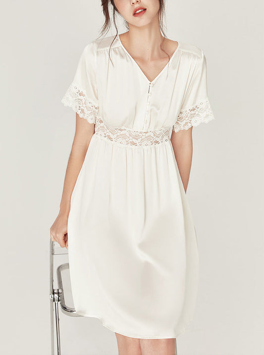 Summer Can Be Worn Outdoors Silk Retro Elegant Long-Breasted Buttons V Collar Hollow Lace Stitching Milk White Short Sleeve Nightdress