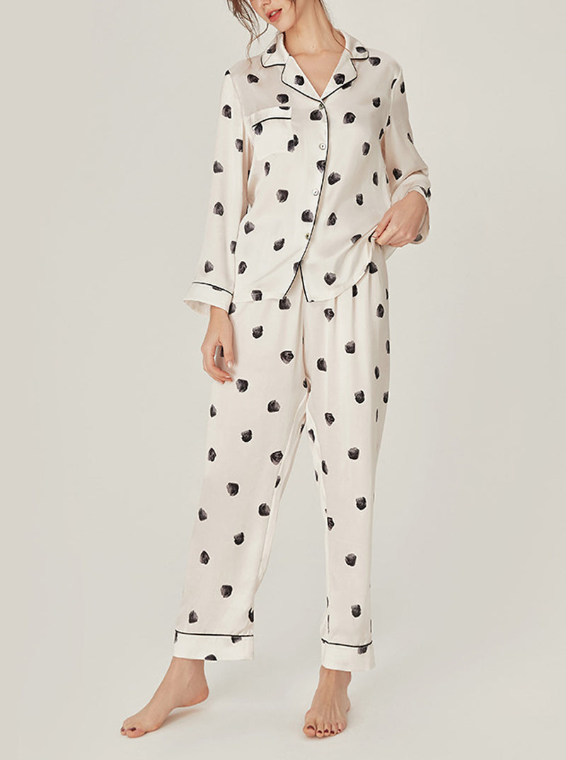 Silk Female Spring Autumn Matching Pajamas Black Polka Dot Milk White Lapel Long Sleeve Two-Piece Set