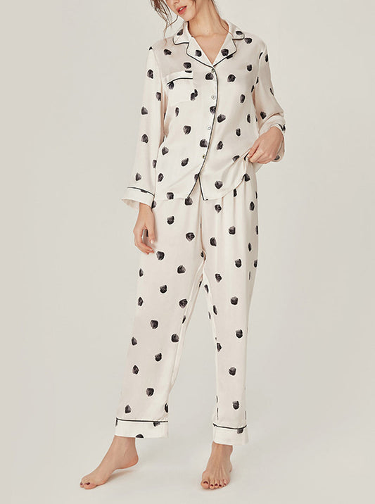 Silk Female Spring Autumn Matching Pajamas Black Polka Dot Milk White Lapel Long Sleeve Two-Piece Set