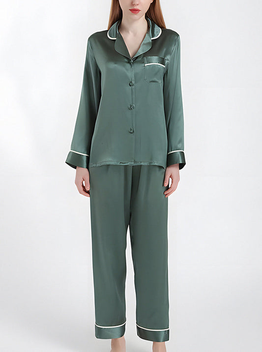 Female Summer Silk Contrast Color Line Small Lapel Simple Loose Comfortable Elegant Solid Color Long-Sleeved Pajamas Two-Piece Set