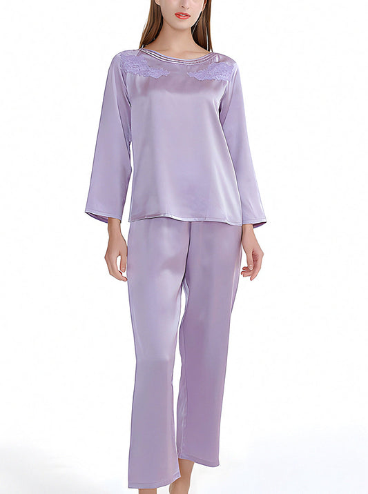 Light Purple Summer Silk Ladies Round Neck Embroidery Loose Casual Simple Fashion Lavender Long Sleeve Pajamas Two Piece Set