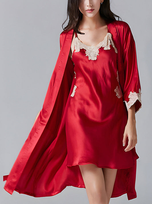 Silk Autumn And Winter Ladies Small V-Neck Big Open Back Sexy Lace Light Luxury High-End Solid Color Suspender Nightdress Two-Piece Set