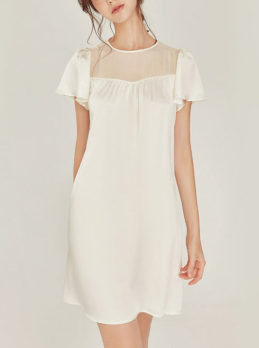Silk Summer Advanced Sense Can Be Outdoors Simplicity Milk White Tulle Splicing Round Collar Short-Sleeve Female Loose Nightdress
