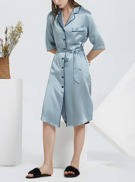 Female 19 Momme Silk Spring And Summer Small Lapel Summer Retro Split Temperament Gray Blue Long Nightgown
