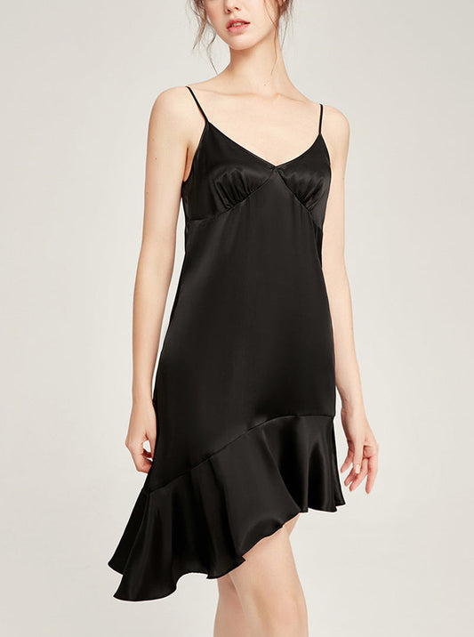 19 Momme Summer Felame V-Shaped Deep-Neck Lotus Leaf Skirt Stitching Sexy And Elegant Textured Solid Color Suspender Nightdress