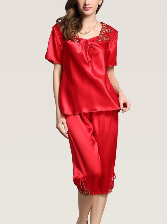 Silk Spring And Summer Female Lace Embroidery Square Collar Elegant Temperament Red Short-Sleeved Trousers Two-Piece Pajamas
