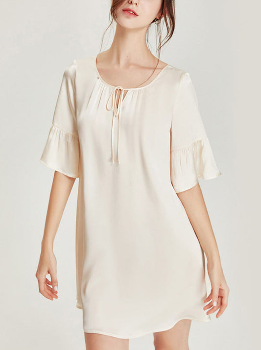 Summer Apricot Court Style Retro Silk Lace-up Small V Collar Ruffle Lantern Short Sleeve Short Loose Nightdress Female