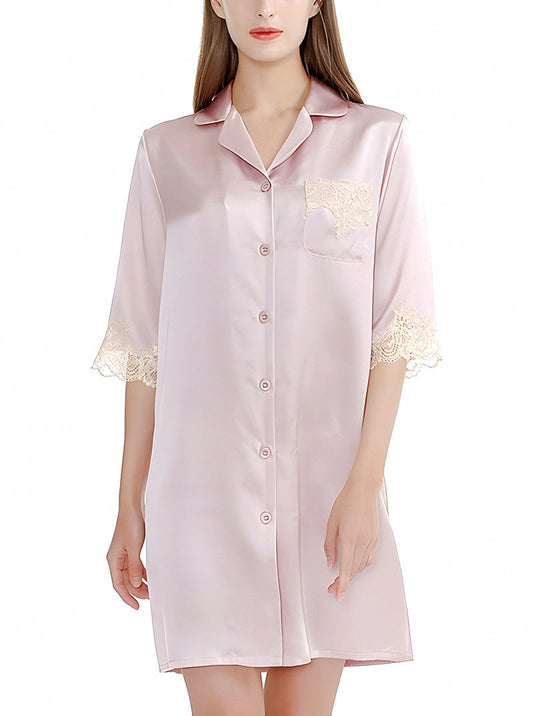 Summer Silk Female Small Lapel Noble Luxury Loose Mature Solid Color Mid-Sleeve Lace Nightdress