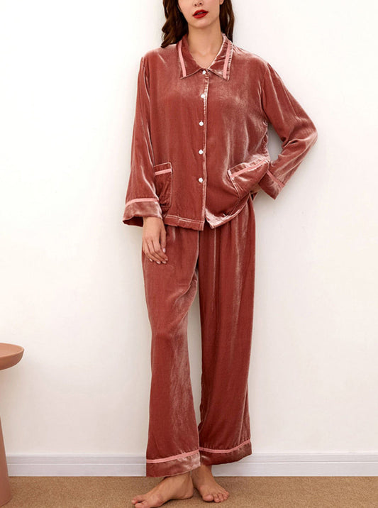 Silk Multi-Color Spring And Autumn Ladies Large Lapel Loose Intellectual Retro Light Luxury Temperament Long-Sleeved Pajamas Two-Piece Set