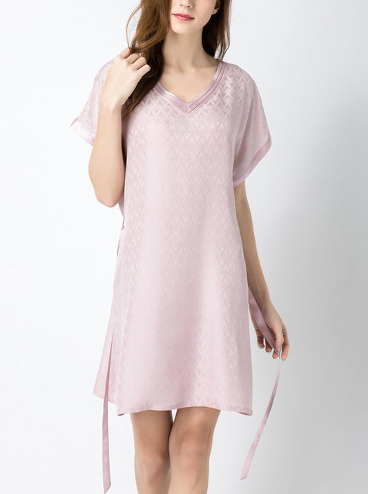 Jacquard Silk Summer Ladies V-Neck Stitching High-End Luxury Elegant Solid Color Belt Short-Sleeved Nightdress