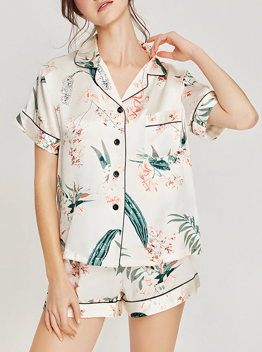Silk Summer Ladies Small Lapel Fashion Printing Capable And Elegant Short-Sleeved Pajamas Shorts Two-Piece Set