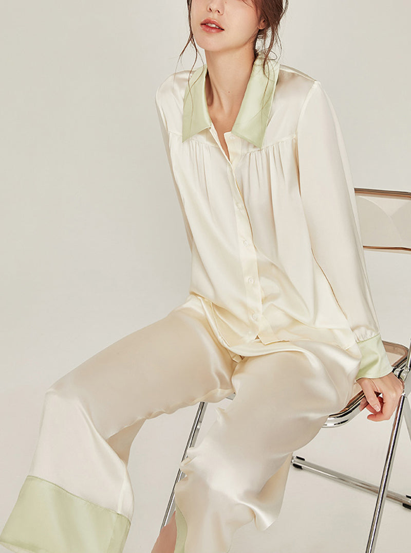 Spring Autumn Female Silk Matching Pajamas Milk White Splicing Fruit Green Shirt Collar Long Sleeve Two-Piece Set